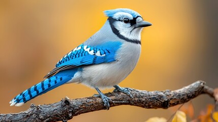 A blue jay perched on a branch with a blurred background of fall colors.