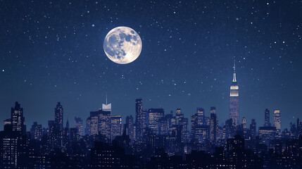 Naklejka premium Stunning supermoon shining brightly over a bustling city skyline, twinkling building lights under a starry night sky, with a wild wolf howling in the foreground. 