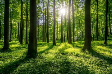 Fototapeta premium Beautiful green forest in the morning