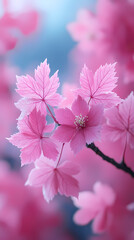 Fototapeta premium A soft pink maple leaf in autumn with a blurred background. An autumn park background with light red leaves. Concept for the season. Background of autumn leaves.