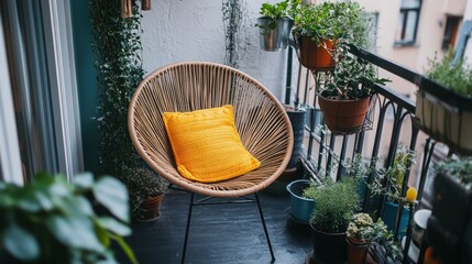 A wicker chair with a yellow cushion sits on a balcony surrounded by potted plants.