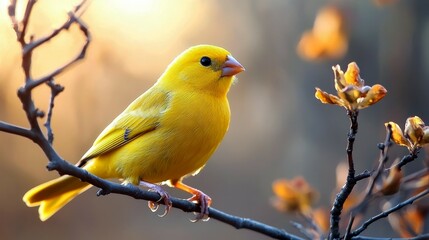 Fototapeta premium A bright yellow canary perched on a branch, with a blurred background of branches and leaves.