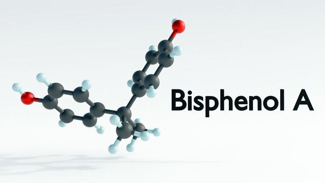 3d rendering of Bisphenol A (BPA) is a synthetic chemical compound used to produce a wide range of plastic products, including polycarbonate plastics