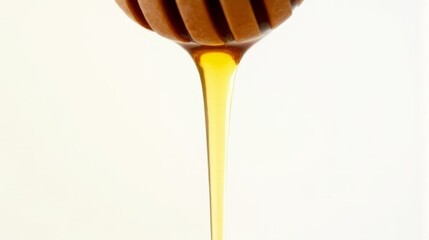 Single Elongated Droplet of Golden Honey Gently Dripping From a Wooden Dipper Against a Clean Isolated White Background.