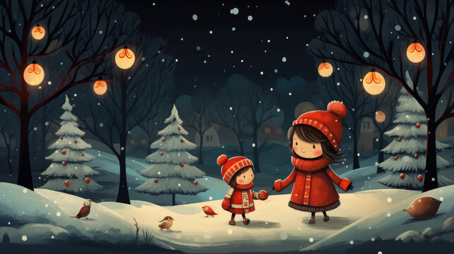 Whimsical Winter Night with Mother and Daughter in a Snowy Forest