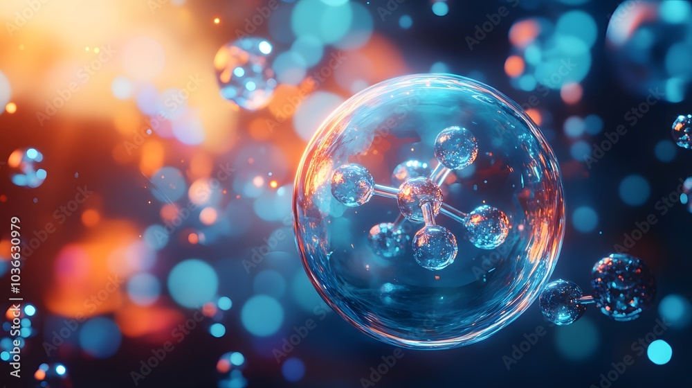 Wall mural a single molecule encapsulated in a blue sphere against a bokeh background