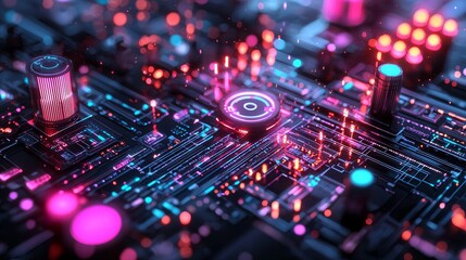 Fototapeta premium Exploring the vibrant intersection of technology and design a deep dive into futuristic circuitry and neon aesthetics