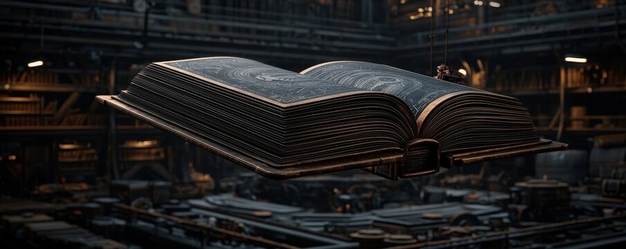 An ancient book floats above a mystical library filled with shadows creating an enchanting atmosphere of mystery and knowledge