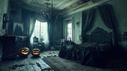 Two lit jack-o-lanterns stand in a dusty, antique bedroom with a four-poster bed draped in black velvet.