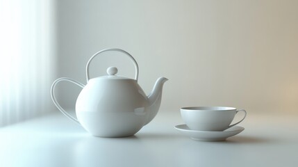 A white tea kettle and cup rest elegantly on a table, illuminated by soft natural light streaming through a nearby window. Generative AI