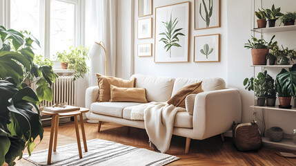 Fototapeta premium Modern Scandinavian home interior design characterized by an elegant living room featuring a comfortable sofa, mid century furniture, cozy carpet, wooden floor, white walls, and home plants.