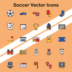 Set of soccer icons depicting soccer balls and equipment ideal for sports and team game themes.