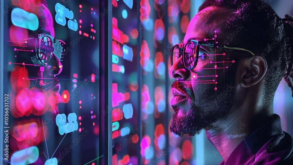 Poster A focused individual examines vibrant data visualizations projected on a sleek screen, surrounded by a high-tech atmosphere and illuminated by neon colors.