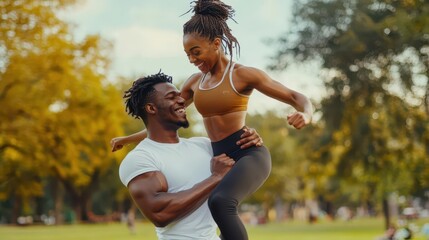 A fit couple doing a partner workout in a park, one person lifting the other in a squat, both smiling and enjoying the moment