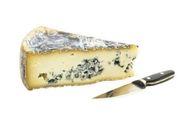 A macro photograph of a piece of blue cheese with a knife beside it, capturing the intricate patterns of mold and the creamy interior. The knife is partially embedded in the cheese,