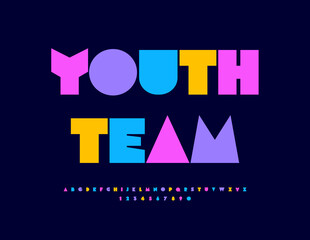 Vector artistic sign Youth Team. Unique Colorful Font. Trendy Bright Alphabet Letters and Numbers set.