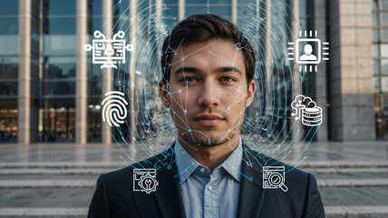 A Young Professional Surrounded by Technology Icons, Representing Data Security, Cloud Computing, and Innovation Against a Modern Urban Backdrop.