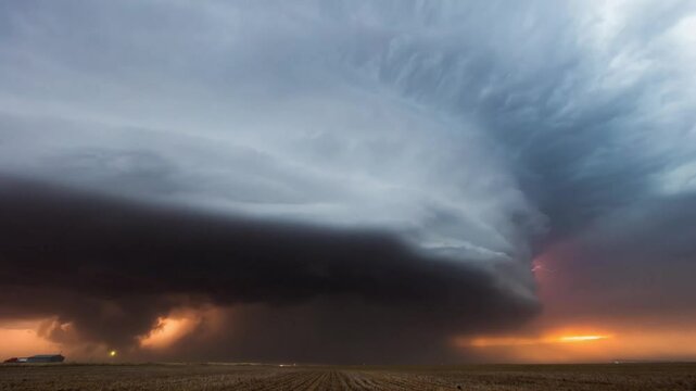  4K Time lapse, Spectacular thunderstorm lightning strikes dark night red shine at sunset