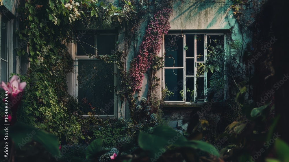 Sticker Abandoned House with Overgrown Vines: A Serene Nature-Infused Scene Perfect for Atmosphere in Design Projects