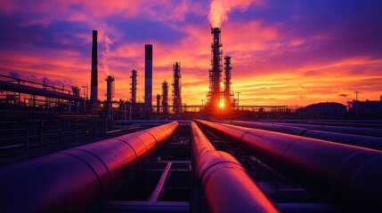Industrial Sunset: Pipes Leading to a Refinery