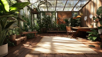 Fototapeta premium A bright and airy greenhouse with a wooden floor, a table and chair, and a rug.