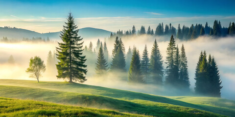 Majestic evergreen trees stand tall amidst silky mist veils, creating serene landscape. tranquil scene evokes sense of peace and connection with nature