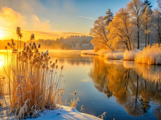serene winter landscape features frozen lake surrounded by frosted trees and golden grasses. early morning light casts warm glow, creating tranquil atmosphere