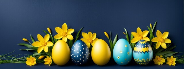 Easter banner.  Colorful Easter eggs with yellow flowers on a dark blue background With a place for text.