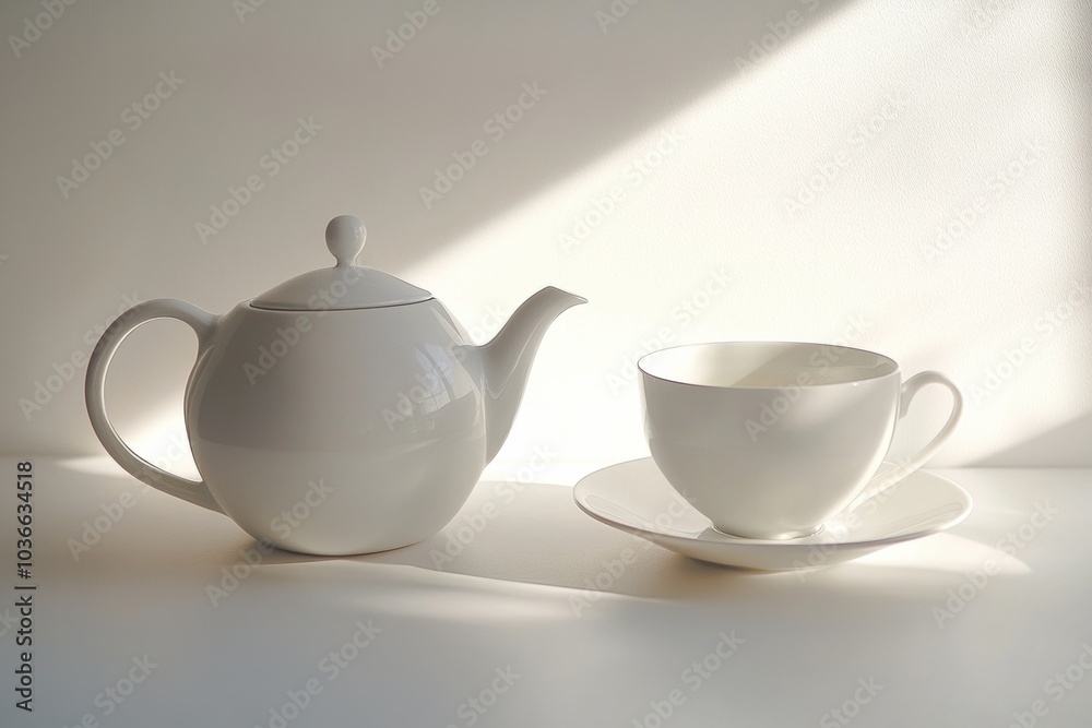 Poster a white tea kettle sits beside a matching cup on a clean surface, all bathed in gentle, warm light, 