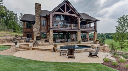 A large, luxurious cabin with a swimming pool, patio, stone fireplace, and a beautiful view of the green valley.