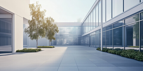 Modern minimalist architecture featuring expansive glass and steel elements, surrounded by open space under a clear blue sky, showcasing clean and sleek design in a photorealistic style.

