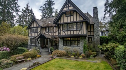 A large Tudor-style home with a stone chimney and a paved pathway leading to the front door. 