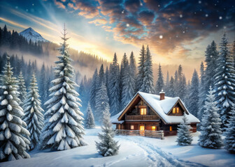 Fototapeta premium cozy wooden ski lodge nestled in snowy forest, surrounded by tall evergreen trees and stunning sunset sky. scene evokes sense of warmth and tranquility amidst winter landscape