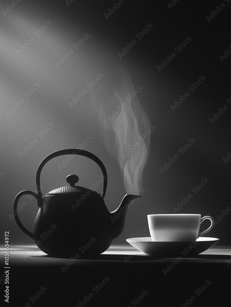 Poster the tea kettle releases steam while resting next to an elegant cup on a table, softly lit in a warm 