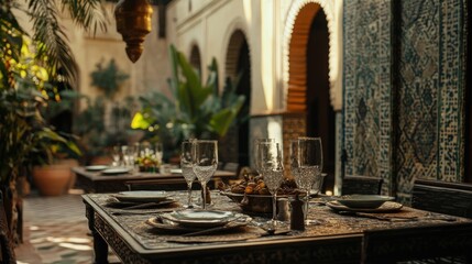 A table set for a romantic dinner in a Moroccan courtyard.
