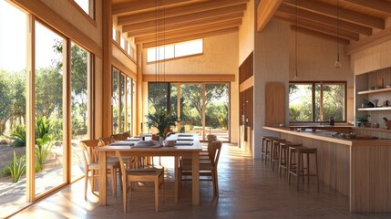 Naklejka premium Modern kitchen and dining area with wooden beams, large windows, and natural light.