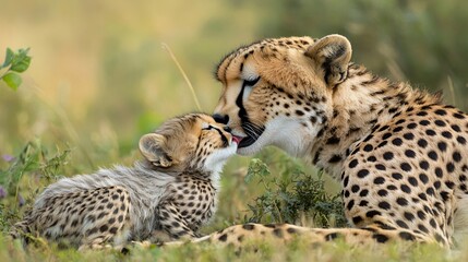 A cheetah mother grooming her cub, a tender moment of care and affection