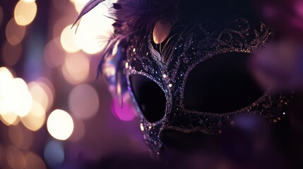 Elegant masquerade mask adorned with feathers and sparkles against a dreamy bokeh background; perfect for event invitations or party themes.