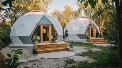 Two white geodesic dome structures with wooden doors and steps on a gravel path with green grass and trees in the background.
