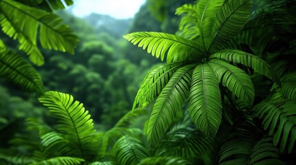 Lush Green Tropical Leaves in Dense Forest, Nature Close-Up for Jungle-Themed Photography and Environmental Design