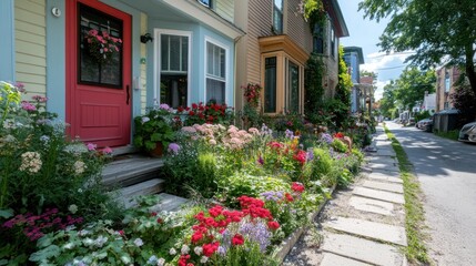 Colorful flowers bloom in front of a row of houses on a sunny day.