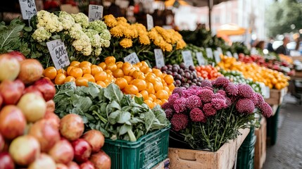 A colorful display of fresh produce and flowers at a local market.