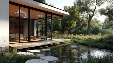 Obraz premium Modern house with large windows overlooking a pond and lush greenery.