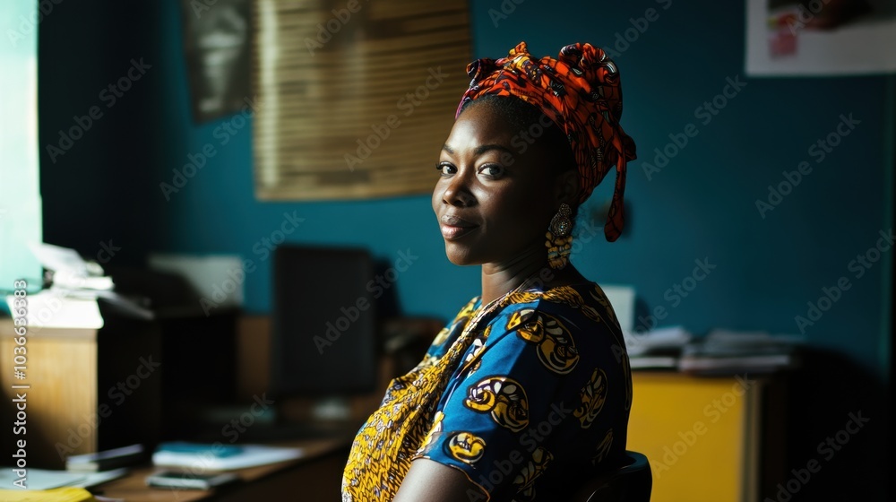 Poster Portrait of a Woman in Traditional Attire: Vivid Colors Against a Bright Background, Ideal for Cultural Representation and Inspiration.