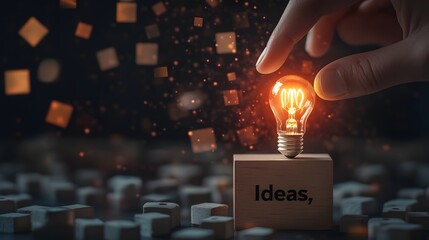 hand touching on light bulb on wood block with Word Ideas, new idea concept with innovation and inspiration, innovative technology in science and communication concept. 