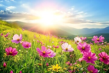 Fototapeta premium Beautiful landscape with a green field and blue sky