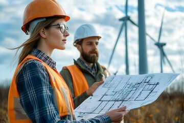 Design professionals working with wind turbine blueprints, Generative AI