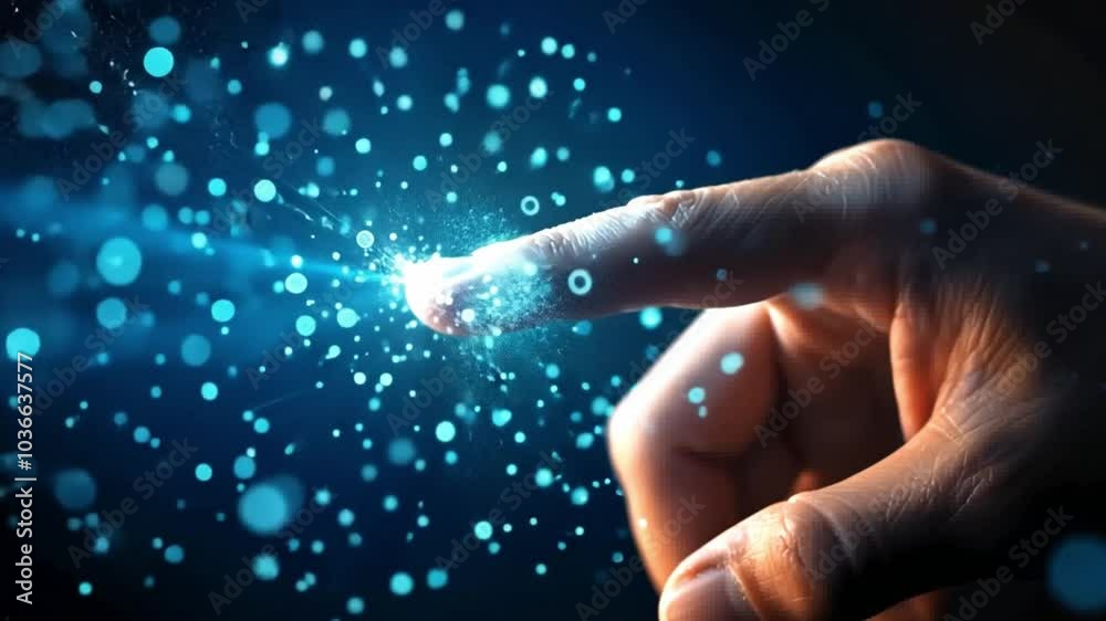 Poster a hand reaches toward a bright, glowing point in a dark environment, surrounded by swirling blue par