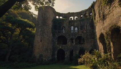 Fototapeta premium The archer tower overlooks a serene lake below