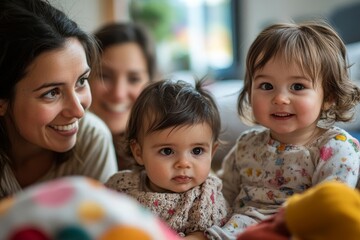 Obraz premium Mothers group with their children at home, Generative AI